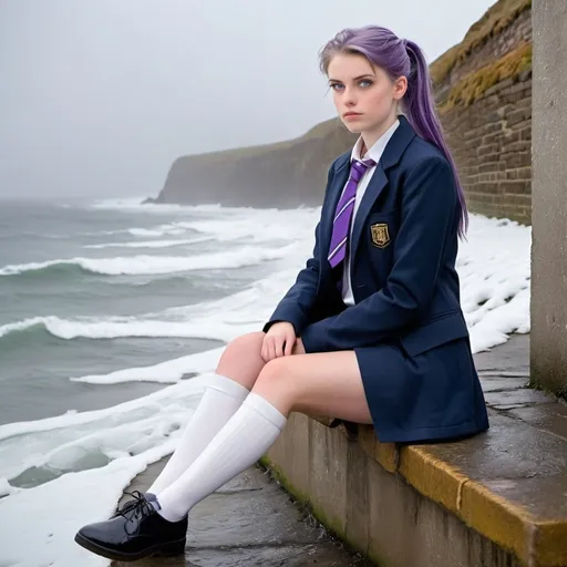Prompt: 17 Year Old Hannah Rayford is a stunningly beautiful school girl with dark blue eyes, shoulder-length purple hair with ponytails, stunning golden-ratio faces, long shapely legs, pale skin, Knee-length white socks, flat black shoes, very short black pleated skirts, dark navy blazer & ties, Sitting on a wall along the seafront freezing frosty on her way to school during an icy heavy rainy blizzard, icy frosty scene, fog unhappy freezing shivery and pouting, 8k photo, detailed, realistic, winter, beautiful schoolgirls, seaside view white knee-length socks, frosty, raining freezing, soaking wet, icy, pale skin, long cold wet bare legs, Flat black shoes, detailed eyes, below the freezing atmosphere.