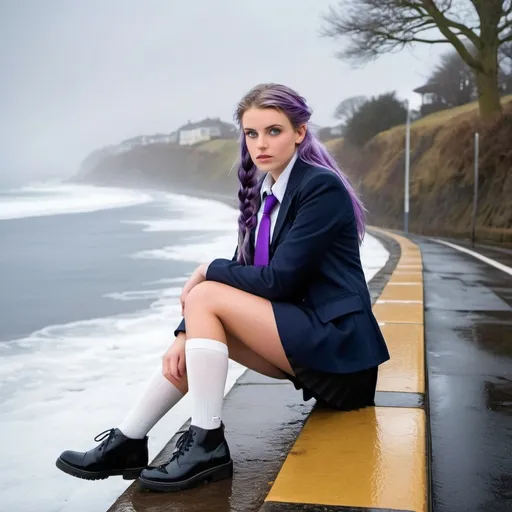 Prompt: 20-Year-Old Hannah Rayford is a stunningly beautiful school girl with dark blue eyes, shoulder-length purple hair with ponytails, stunning golden-ratio faces, long shapely legs, pale skin, Knee-length white socks, flat black shoes, very short black pleated skirts, dark navy blazer & ties, Sitting on a wall along the seafront with freezing bare legs during a frosty morning on her way to school during an icy heavy rainy blizzard, icy frosty scene, fog unhappy freezing shivery and pouting, 8k photo, detailed, realistic, winter, beautiful schoolgirls, seaside view white knee-length socks, frosty, raining freezing, soaking wet, icy, pale skin, long cold wet bare legs, Flat black shoes, detailed eyes, below the freezing atmosphere.