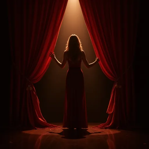 Prompt: @CGLIUizLOnJPI2K3w0kG woman stepping out from behind a velvet curtain, dramatic spotlight on her, audience in darkness, symbolic of revealing truth in a world of lies, cinematic stage lighting, emotional tension.