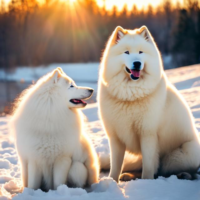 Prompt: a beautyfull samoyed and his puppy in the snow. in back, a beautyfull sunset
