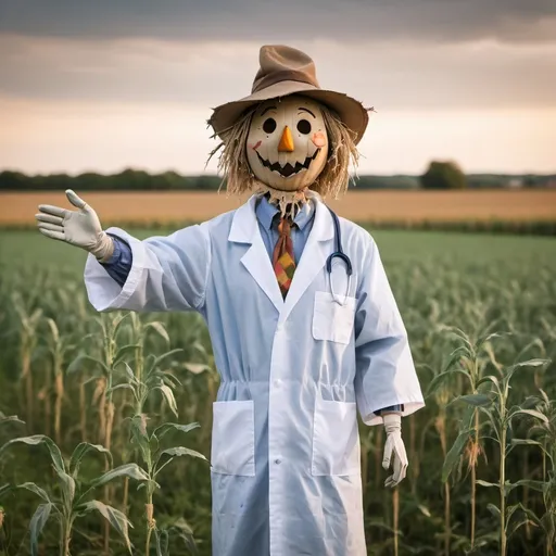 Prompt: A happy smiling friendly scarecrow neurosurgeon in a field, more scarecrow