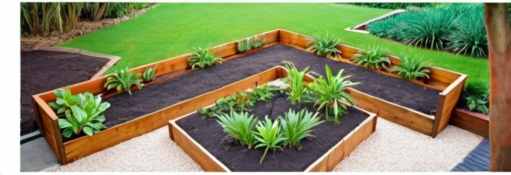 Prompt: L shaped raised beds with tropical plants