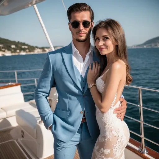 Prompt: show me a handsome men with fancy  clothes on a yacht, with a beautiful wife