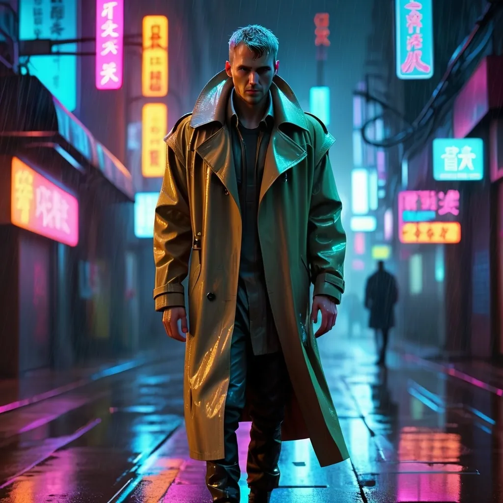 Prompt: A futuristic cyberpunk city at night, neon lights reflecting on wet streets, a lone figure in a high-tech trench coat walking through the rain, photorealistic, cinematic lighting, Blade Runner-inspired, ultra-detailed