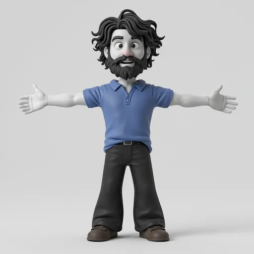 Prompt: Create a 30-year-old curly black-haired guy with a beard, white skin, arms outstretched horizontally, wearing a blue shirt and black pants, and oversized brown shoes.