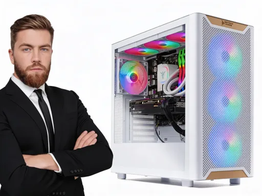 Prompt: a white guy in a black suit explaining why skytech has the best pcs out there