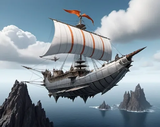 Prompt: high in the sky a sleek medieval fantasy flying sailing frigate with white metal armor high in the sky with medieval halflings on the deck, flying high over a volcanic island in a wintery northern sea