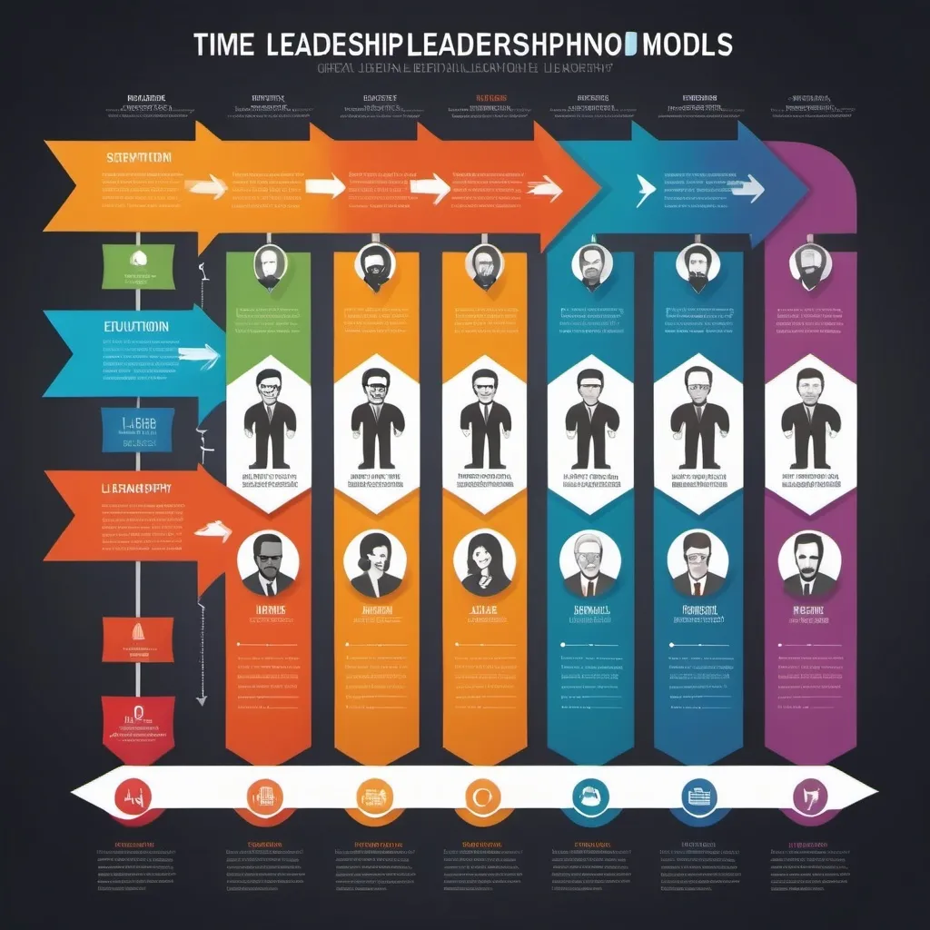 Prompt: A timeline showing leadership models from the Great Man Theory to more collaborative approaches.
