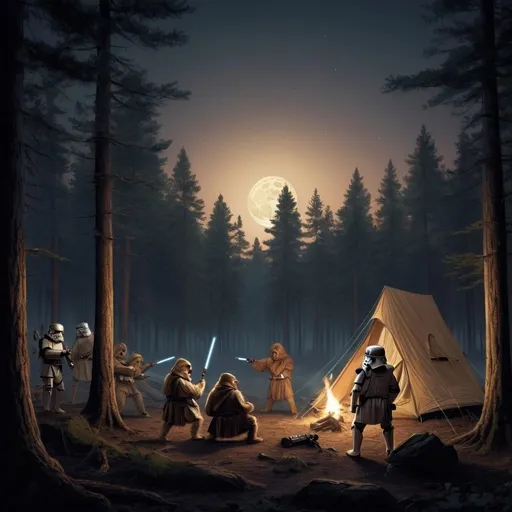 Prompt: star wars but its during the renaissance period, battle for the moon of ewoks night time camping 