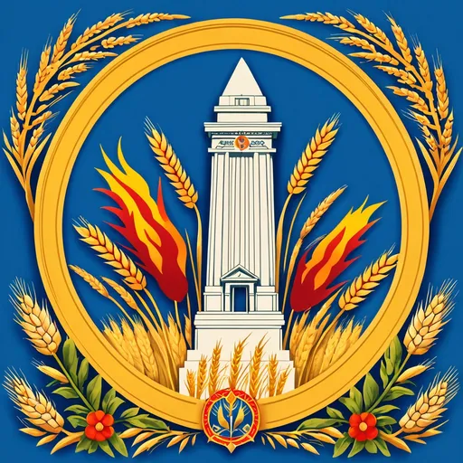 Prompt: A vibrant emblem features a striking blue background framed by a bold yellow border, symbolizing vitality and optimism. At the center stands a prominent monument, reminiscent of a tower, topped with a red flame that signifies aspiration or enlightenment. Flanking the monument are sprigs of wheat on the left and a decorative vine with flowers on the right, representing agriculture and natural beauty. Beneath the monument, stylized waves suggest a body of water, adding a serene element to the design. The top portion is adorned with the words "JAYA RAYA" in bright red, conveying a sense of triumph and success.