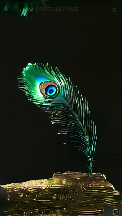 Prompt: Hindu God Sri Krishna, Golden - Green Peacock Feather, Divine