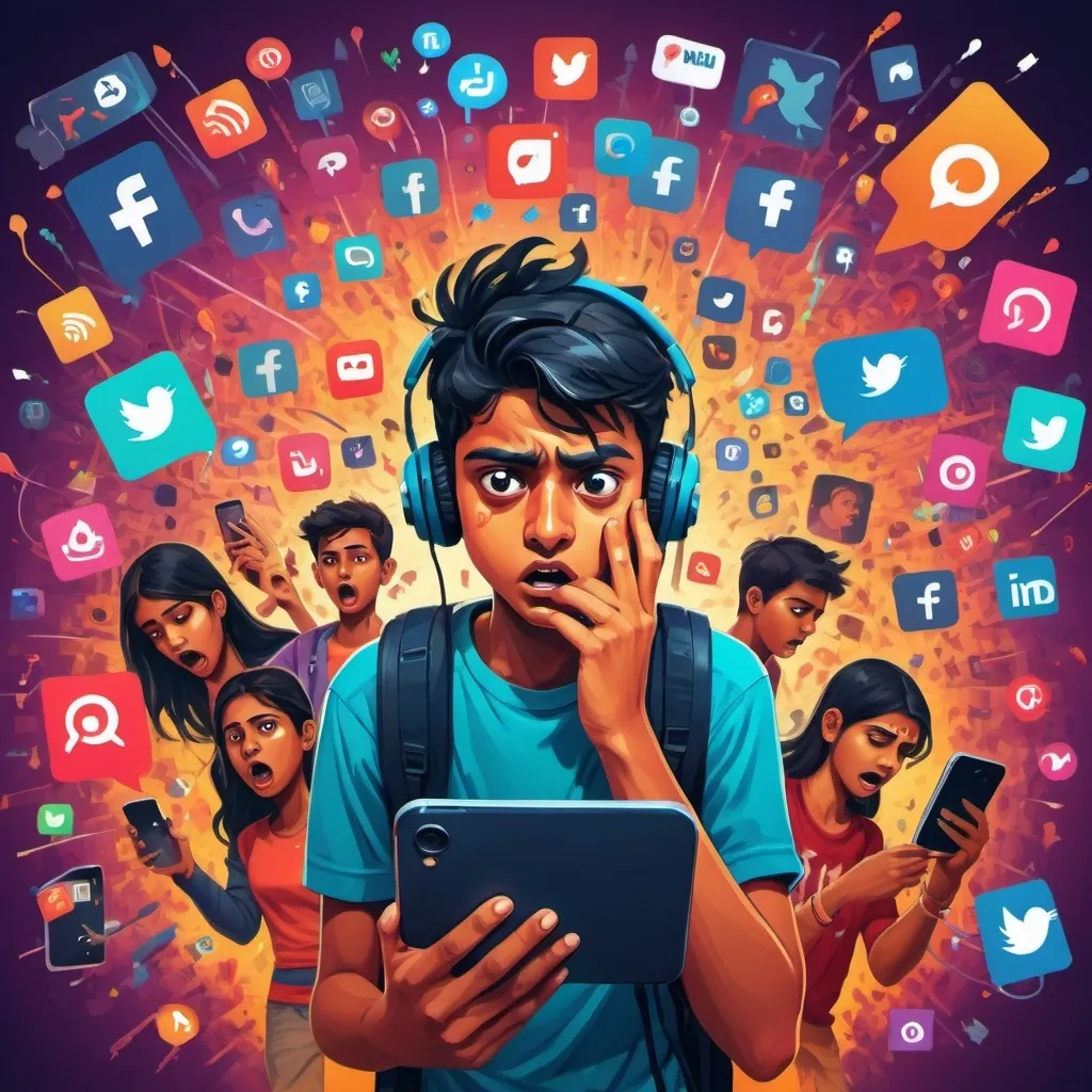 Prompt: Create an artwork that depicts a group of Indian teenagers being overwhelmed by the digital world. Show how social media notifications, mobile games, and constant connectivity are weighing down on them.