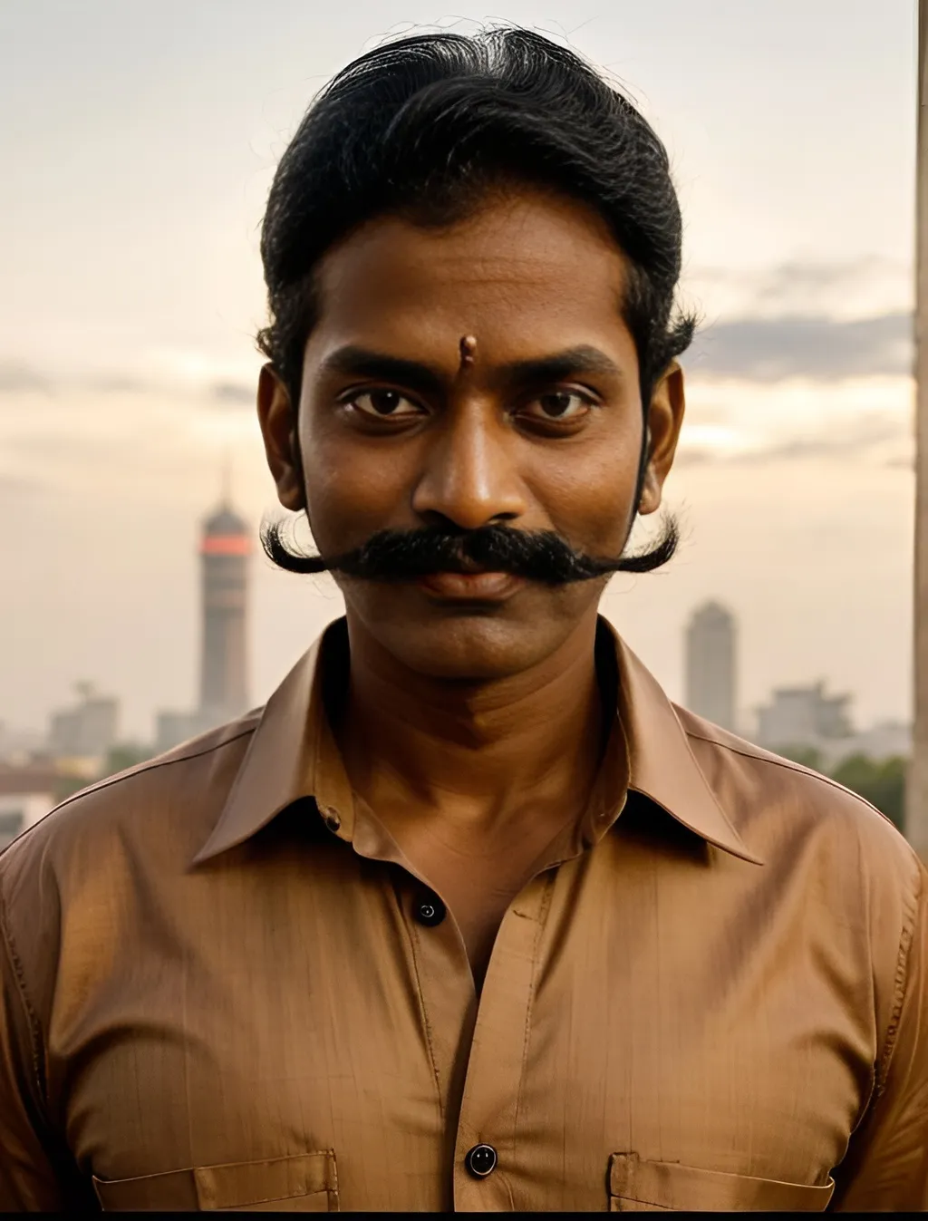 Prompt: ((background having Metropolitan city)), dusky South indian man,brown shiny shirt, fire in his eyes, Handle bar Mustache, metropolitan lighting, 