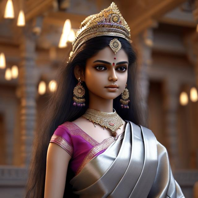 Prompt: photorealistic, plushie doll indian queen, wearing a silver saree, silver blouse, ambient, in the temple, with metallic colors, full view photo