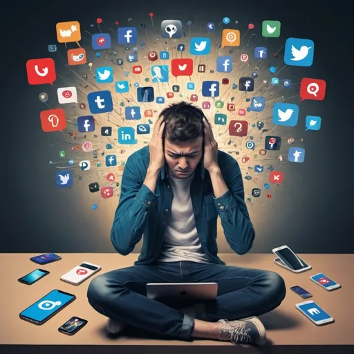 Prompt: Create an artwork that depicts a human being overwhelmed by the digital world. Show how social media notifications, mobile games, and constant connectivity are weighing down on them.