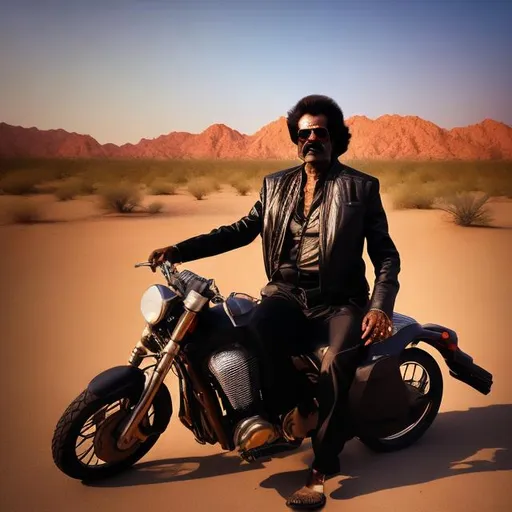 Prompt: Photo of real life rajnikanth, sitting on a bullet bike, ambient light, outdoor, background is desert