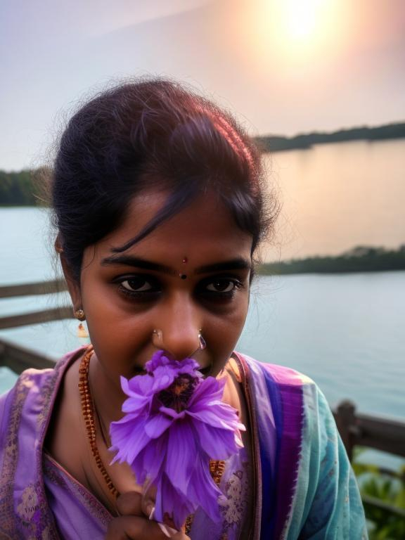 Prompt: Indian Woman, (having lavender coloured flower near mouth), close up, having a lake in the background with a bridge faraway