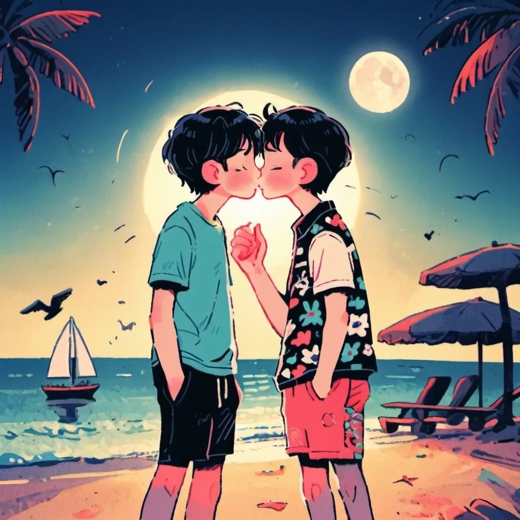 Prompt: two men in beach kiss night