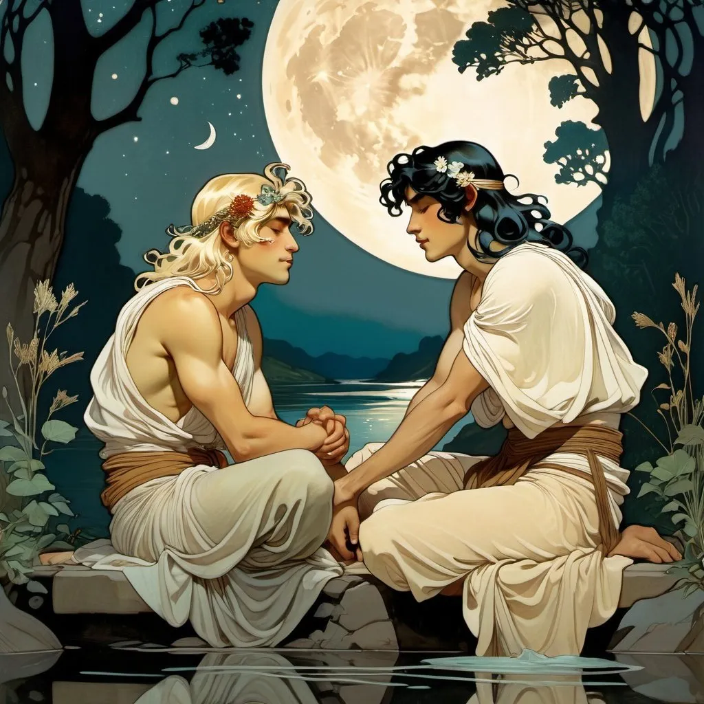 Prompt: Two men sitting on the edge of a river.

One has long, blonde hair. And the other man has short curled black hair. The two men are wearing togas and sandals. It is dark but the river is lit by the moon. The two men hold hands and look at each other and they smile at each other. The two men are between 18 and 23 years old. Around them is a forest