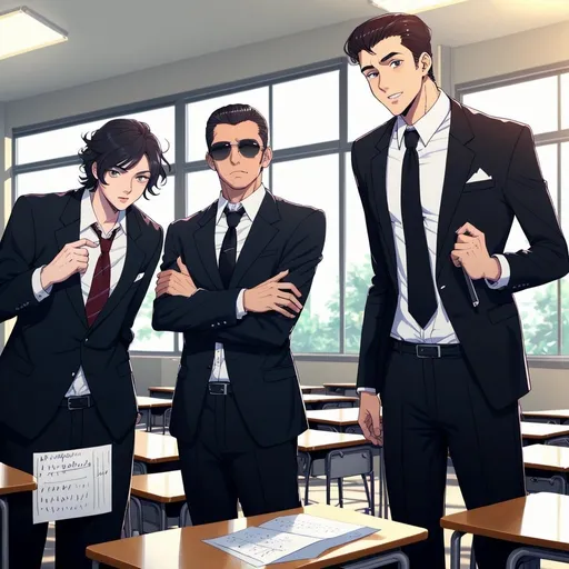Prompt: two men in a classroom, one a mafioso and the other a high school student

2 man !
