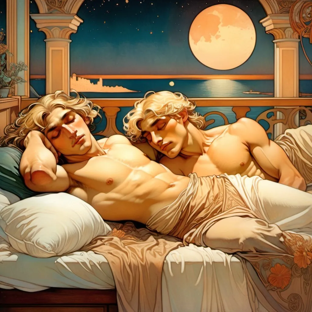 Prompt: two man lying in a bed. The first man has long, blond hair. He is toges and lying on top of the second man. The second man has short brown hair and tan skin. He is also toges and is lying on his back. Behind them is a balcony which overlooks the sea. It's night. The room is Greek