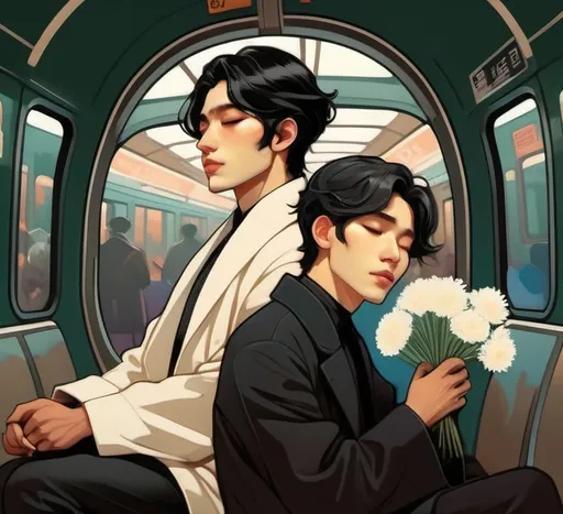 Prompt: 
a man who has a long white coat, he has black hair, a black shirt. The man holds hands with another man who has a long black coat, black boxes, a black turtleneck, a priest's neck band. Both are sitting in a subway train. The metro train is filled with flowers, there are just these two men in the metro train. A sunset is behind them. The first one has the head on the second man.. They are Korean and are 28 and 29 years old

