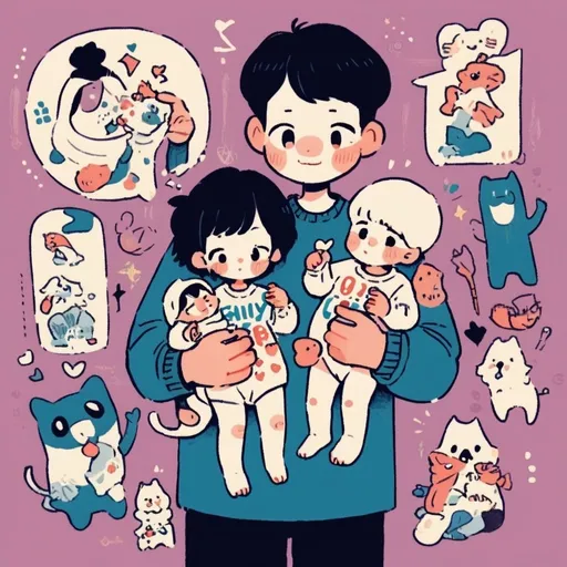 Prompt: A family which is made up of a father and another father who holds a baby in their hands. Family photo