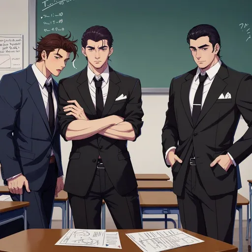 Prompt: two men in a classroom, one a mafioso and the other a high school student