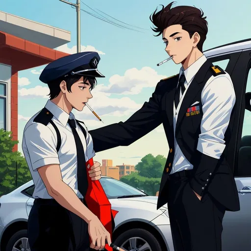Prompt: a young man wearing a uniform who comes out of a high school and a car next to the school with a mafia man who smokes