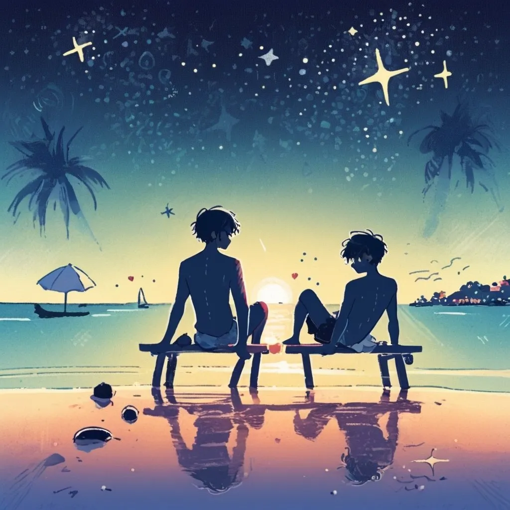 Prompt: Two men on the beach swimming under the stars. Romantic atmosphere