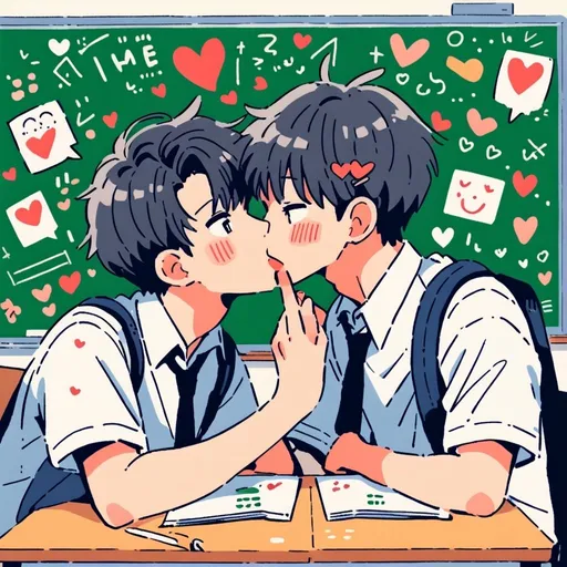 Prompt: two men kissing in a classroom