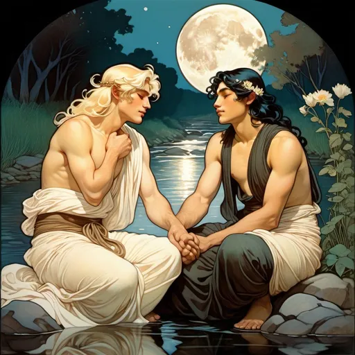 Prompt: Two men sitting on the edge of a river.

One has long, blonde hair. And the other man has short curled black hair. The two men are wearing togas and sandals. It is dark but the river is lit by the moon. The two men hold hands and look at each other and they smile at each other. The two men are between 18 and 23 years old. Around them is a forest.the man with blond hair has blue eyes and the other brown