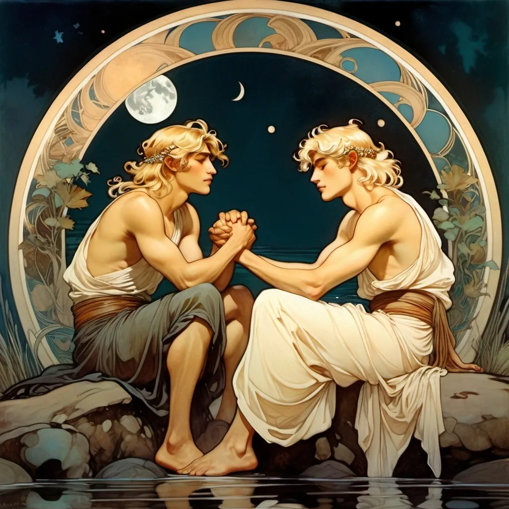 Prompt: Two men sitting on the edge of a river.

One has long, blonde hair. And the other man has short curled hair. The two men are wearing togas and sandals. It is dark but the river is lit by the moon. The two men hold hands and look at each other. The two men are between 18 and 23 years old. Around them is a forest