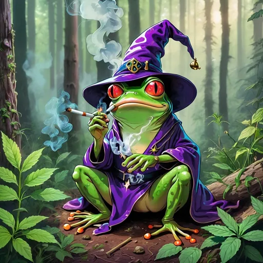 Prompt: a wizard frog in the woods smoking weed