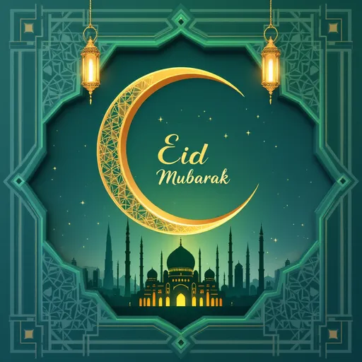Prompt: A professional Eid greeting card inspired by engineering aesthetics and UAE culture. The design features geometric Islamic patterns with a color scheme of green and blue, reflecting the company’s brand identity. A golden crescent moon and illuminated lanterns add a festive touch. The background incorporates subtle architectural and geometric designs, symbolizing precision and engineering. The text ‘Eid Mubarak’ is elegantly written in luxurious Arabic calligraphy. The UAE skyline with iconic landmarks (Burj Khalifa, Sheikh Zayed Mosque) is subtly blended into the design. The company’s logo is integrated smoothly for a professional and corporate-friendly look