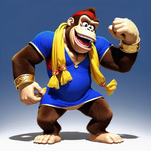 Prompt: donkey kong wearing a royal blue full length dress and a bright yellow scarf   with a big goofy grin on his face exposing a large gap between his two front teeth