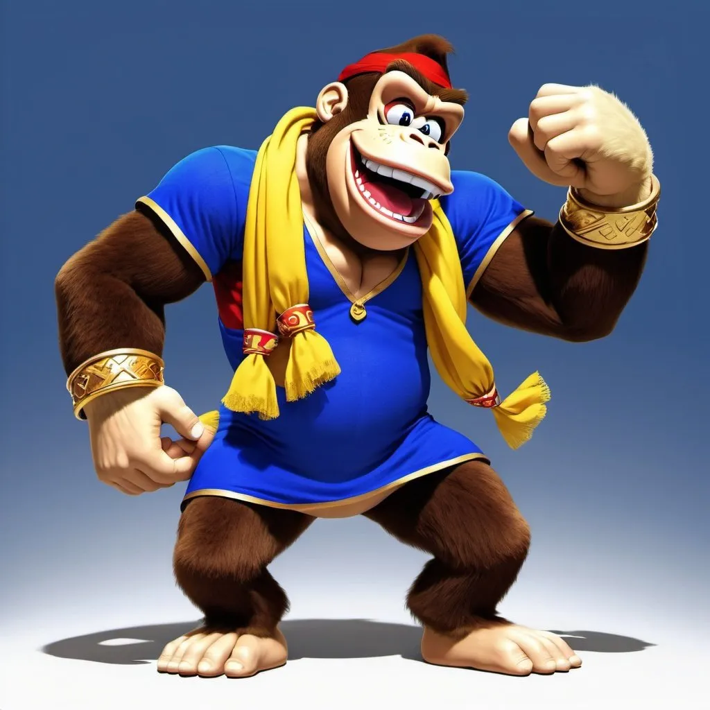 donkey kong wearing a royal blue full length dress a...