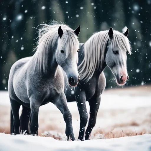 Prompt: horse with gray mane riding in a meadow with snow