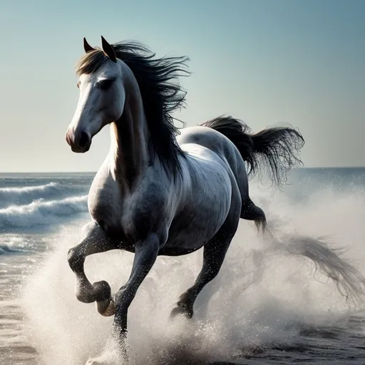 Prompt: horse galloping by the sea