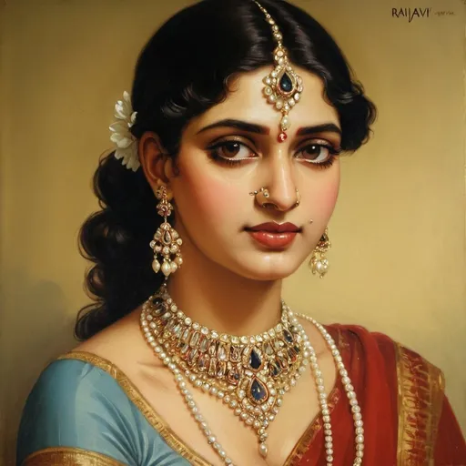 Prompt: raja ravi verma paintings of woman in beautiful jewels 