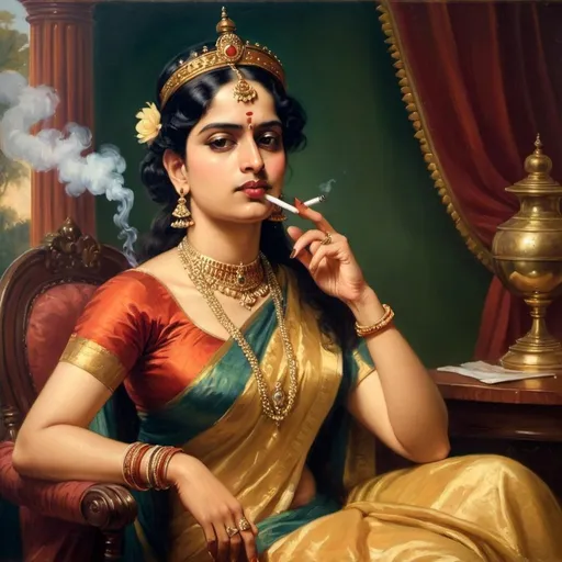 Prompt: raja ravi varma painting of queen smoking in luxury