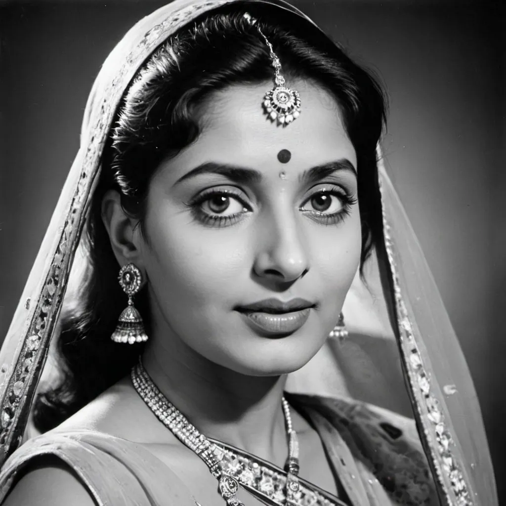 Prompt: a vintage indian actress of the 1950s , beautiful eyes and bewitching beauty