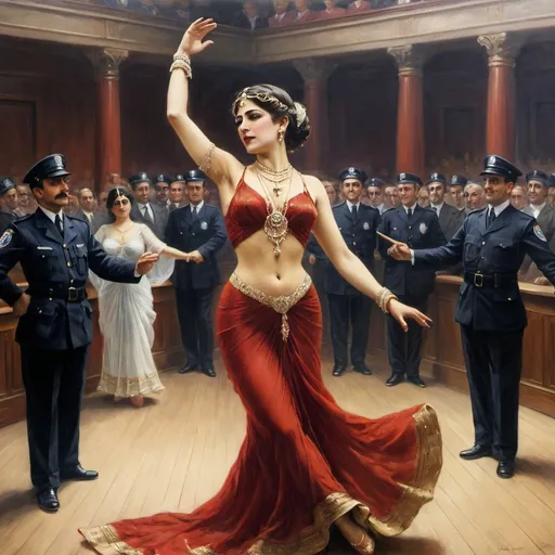 Prompt: a painting of mata hari dancing in court