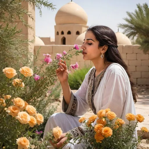 Prompt: afgani lady in ancient arab smelling flowers in a garden
