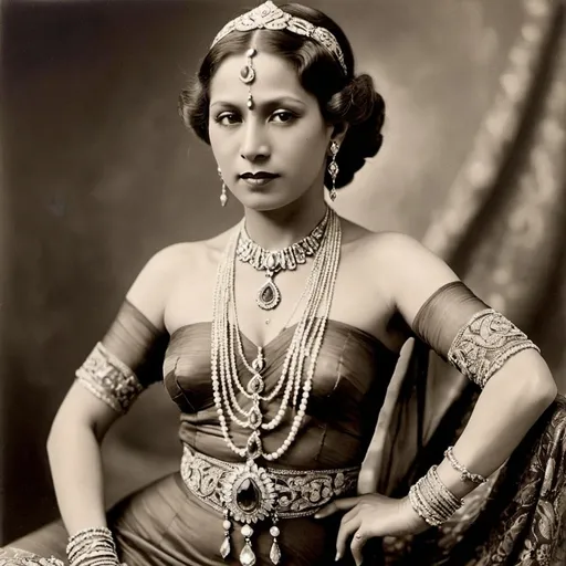 Prompt: mata hari , a dancing javanese spy in the 1930's , wearing beautiful dress and jewels