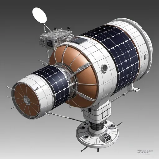 Prompt: ### Mars Explorer Spacecraft Sketch Draft

**Main Structure**:
- **Shape**: Rectangular/cubic central module
- **Size**: Approx. 1.5m in width, height, and depth

**Instruments**:
1. **High-Resolution Camera (HRC)**:
   - **Camera Unit**: 51.5 x 30.0 x 26.0 cm, mounted on a gimbal
   - **Electronics Unit**: 22.2 x 28.2 x 21.2 cm, housed inside
   - **Field of View**: 12 degrees

2. **Weather Camera**:
   - **Size**: 9.2 x 7.2 x 14.0 cm, exterior mount
   - **Field of View**: 30 degrees

3. **Spectrometer**:
   - **Size**: 44 x 76 x 52 cm, exterior mount
   - **Field of View**: 1 degree

4. **Radiometer**:
   - **Size**: 20 x 30 x 35 cm, exterior mount
   - **Field of View**: 28 degrees

**Power and Propulsion**:
- **Solar Panels**: Large, extendable from the sides
- **Propulsion**: Thrusters on the lower section

**Communication**:
- **Antennae**: High-gain (dish-shaped) and low-gain antennae

**Thermal Control**:
- **Radiators**: Flat panels on sides or rear

**Visual Layout**:
- **Main Body**: Central rectangular module
- **Solar Panels**: Extend from sides
- **Cameras and Sensors**: Mounted on the exterior
- **Antennae**: Positioned on top and sides
- **Thrusters**: Located on the lower section

This sketch should capture the basic design and layout of the Mars Explorer spacecraft for a draft drawing.