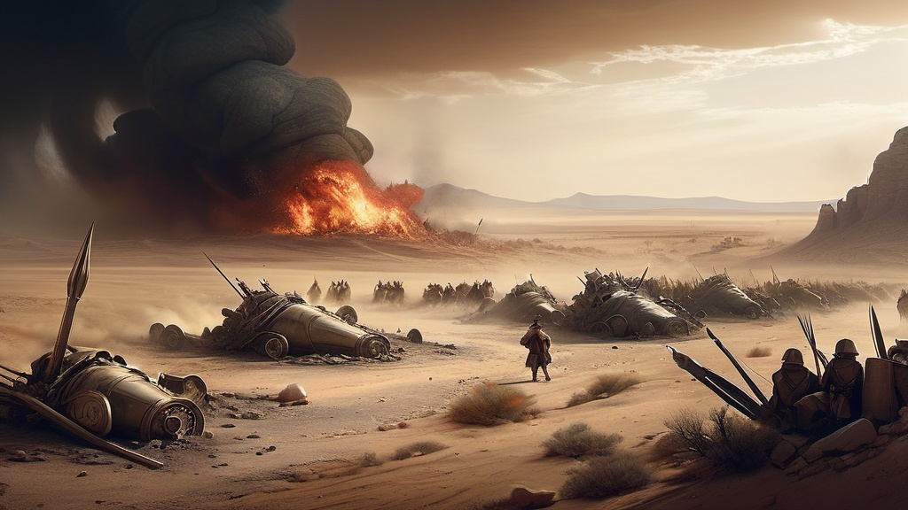 Prompt: "A dramatic and inspiring scene depicting the aftermath of a historical battle in a desert landscape