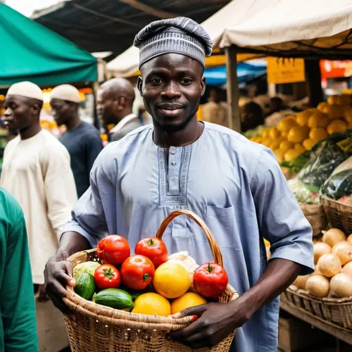 Prompt: A dark African Nigerian man with Yoruba traditional out in a busy market, he is holding a basket full of grocery 