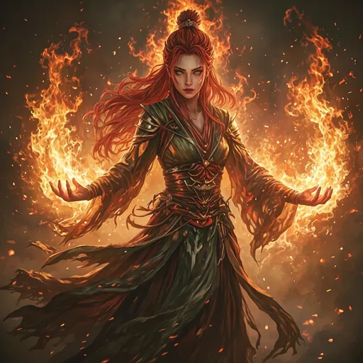 Prompt: real life look of Agasha Shugenja from the Phoenix clan, in Legend of the five rings. red head, female , Green eyes, hands casting fire elements magic, fire elements are around showing her strength and power