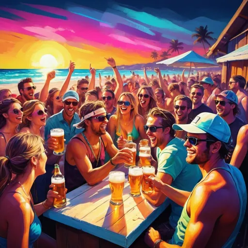 Prompt: After ski party on the beach, beer, drinks, vibrant colors, digital painting, energetic atmosphere, happy people, cool-toned lighting, high contrast, detailed textures, energetic, lively, digital painting, vibrant colors, beach and ski party, energetic atmosphere, cool-toned lighting